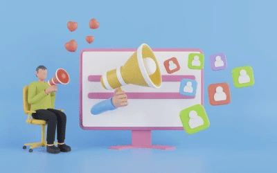 Une illustration 3D d'un homme utilisant un mégaphone, pointant vers un écran d'ordinateur d'où sort un autre mégaphone, le tout entouré d'icônes de profil utilisateur et de cœurs, symbolisant la création et la diffusion d'une campagne Facebook Ads engageante.
