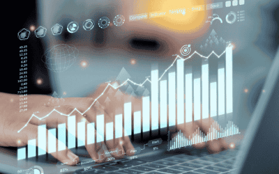Une personne travaillant sur un ordinateur portable, avec des graphiques et des tableaux de données holographiques superposés, symbolisant l'utilisation de l'intelligence artificielle pour l'analyse et l'optimisation des campagnes publicitaires.