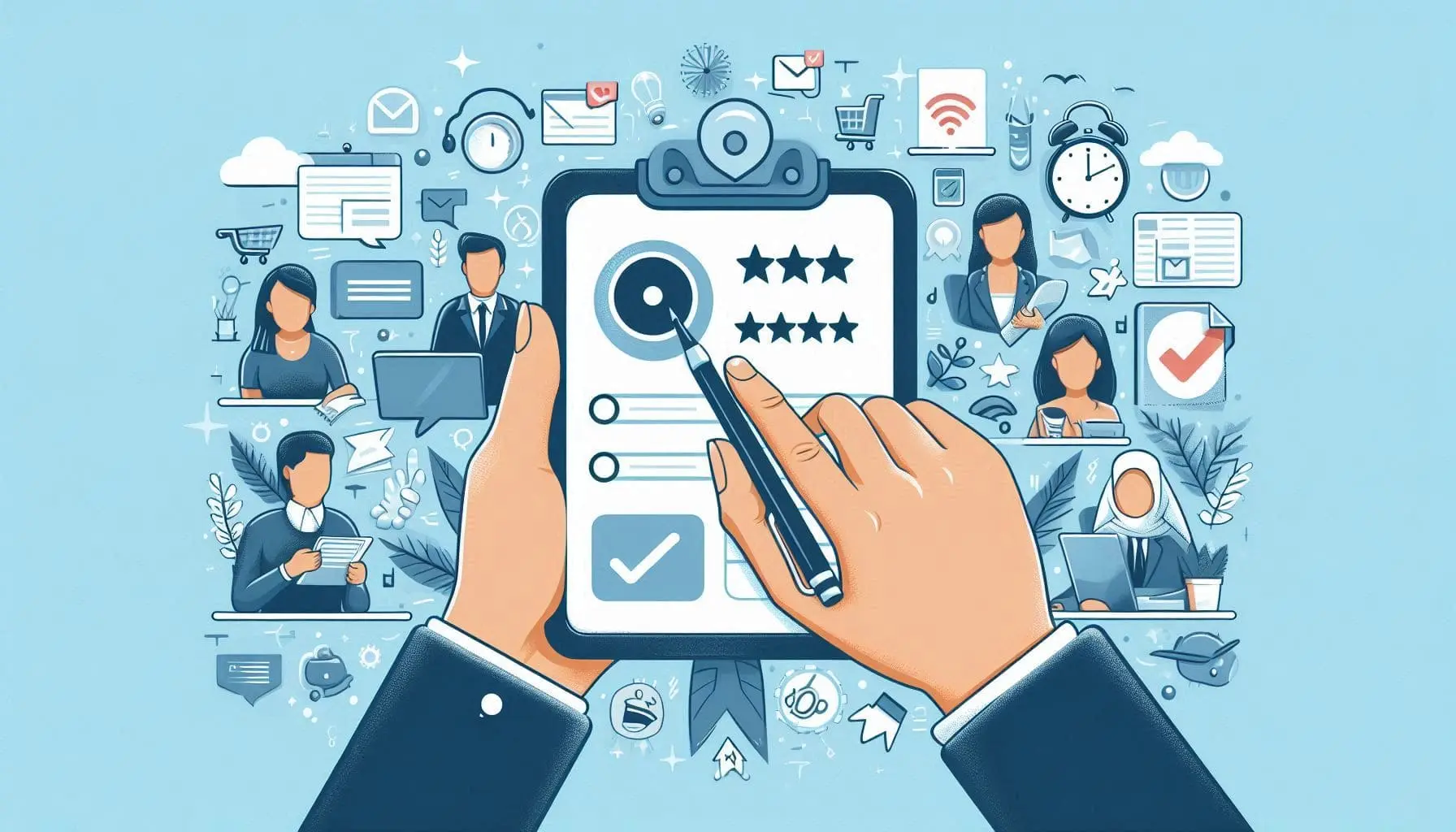 Une illustration montrant des mains remplissant un formulaire d'évaluation sur un presse-papiers avec un stylo, liées au service client (e-commerce, messagerie, Wi-Fi, horloge, etc.) et de personnages travaillant, symbolisant l'amélioration de l'expérience client - Digitandco.