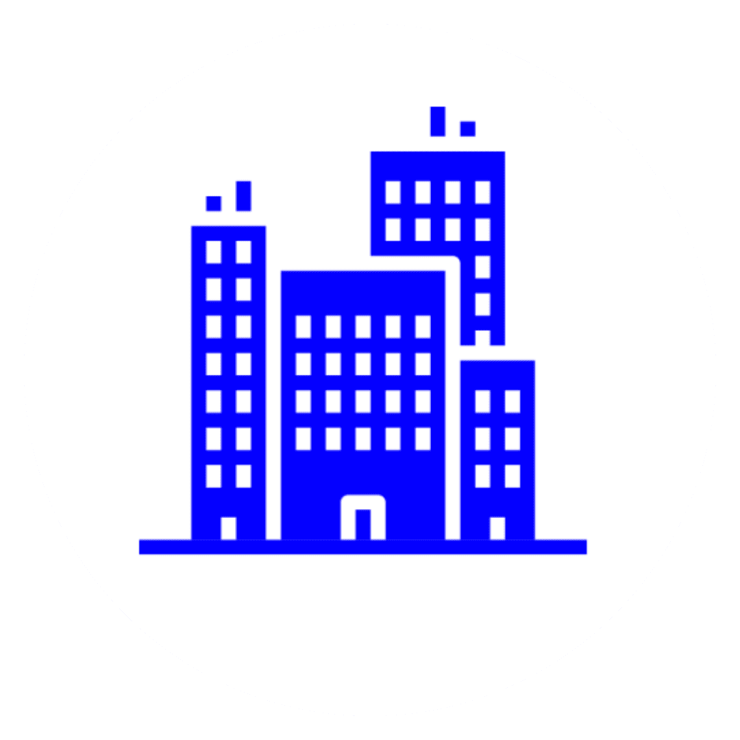 Icône circulaire avec une représentation stylisée d'immeubles bleus, symbolisant un lieu physique ou des locaux d'entreprise pour les formations en présentiel - Digitandco.