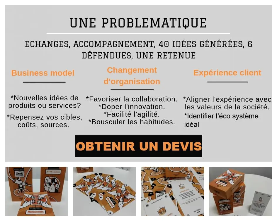 Une image récapitulative d'un atelier de brainstorming, affichant des idées générées, des objectifs de transformation digitale (Business model, Expérience client) et un appel à l'action pour obtenir un devis. La photo inclut des cartes de jeu et des boîtes d'atelier, symbolisant une approche interactive.