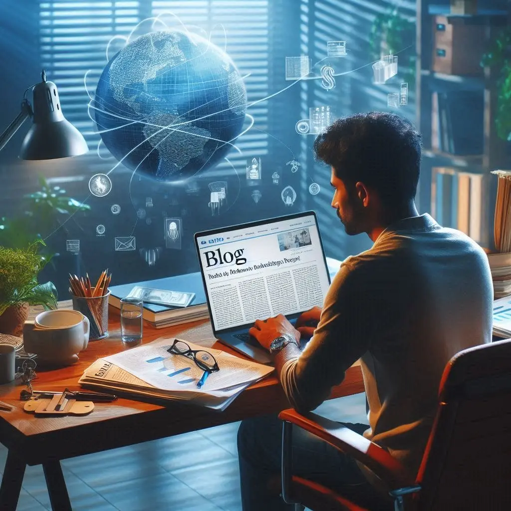 Un homme consultant un blog sur son ordinateur portable, avec un globe holographique et des icônes de réseaux sociaux et d'argent flottant au-dessus, illustrant la découverte de stratégies numériques pour enrichir son réseau et atteindre des objectifs business.