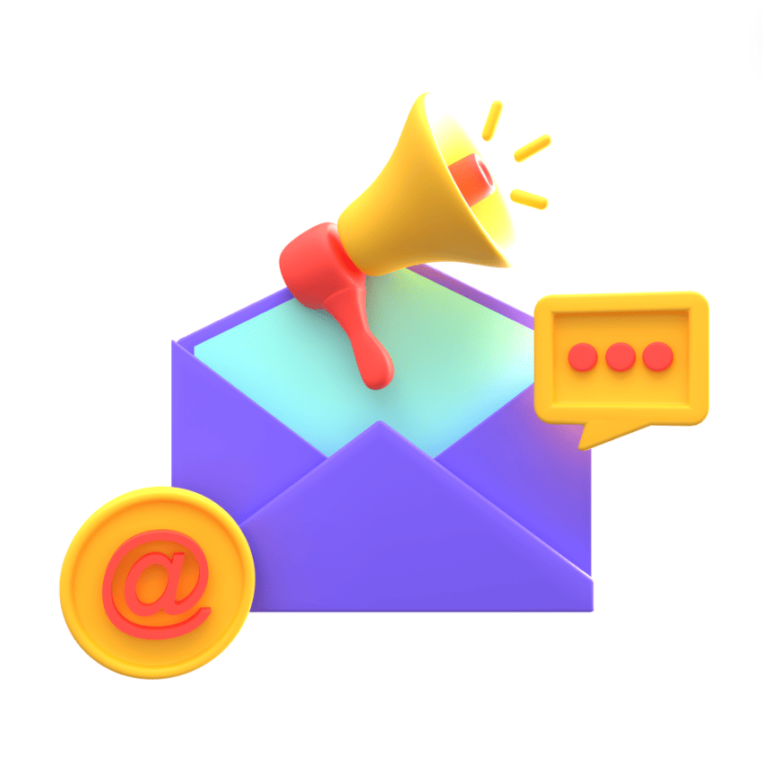 Une icône 3D d'un mégaphone sortant d'une enveloppe, avec une bulle de dialogue et un jeton financier, symbolisant une campagne de conversion Facebook Ads et le retour sur investissement.