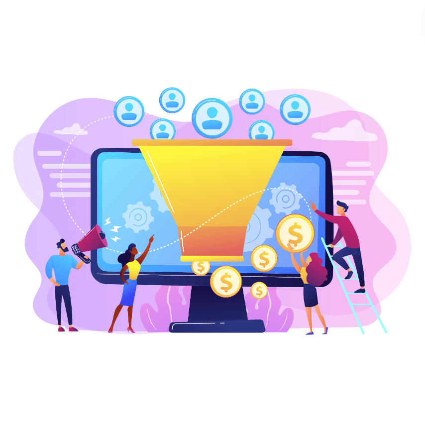 Une illustration d'un entonnoir de conversion sur un écran d'ordinateur, où des icônes d'utilisateurs se transforment en pièces de monnaie, symbolisant une campagne de génération de leads et la transformation des prospects en revenus.