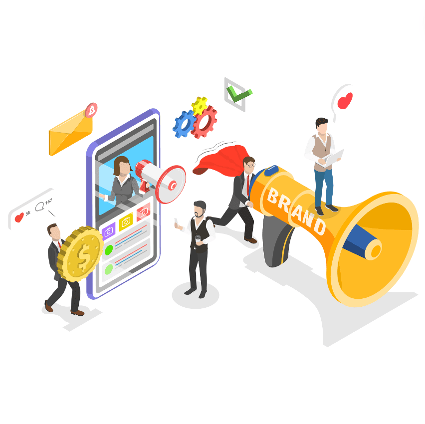 Une illustration isométrique de marketing digital montrant une personne en super-héros sortant d'un grand mégaphone de marque, avec des icônes de réseaux sociaux et d'engagement, symbolisant une campagne de notoriété de marque sur Facebook Ads.