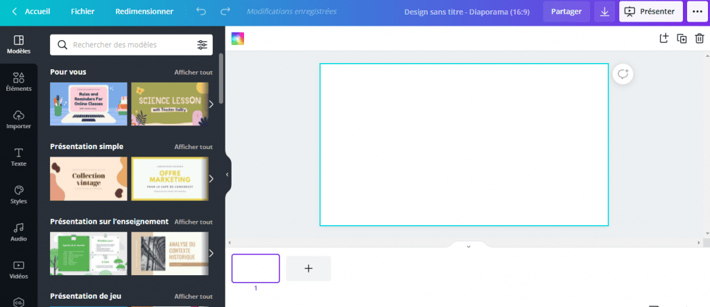 Capture d'écran de l'interface Canva, montrant une sélection de modèles de présentation ("templates") et un espace de travail vide, illustrant comment les templates aident à travailler plus efficacement en créant des visuels rapidement.