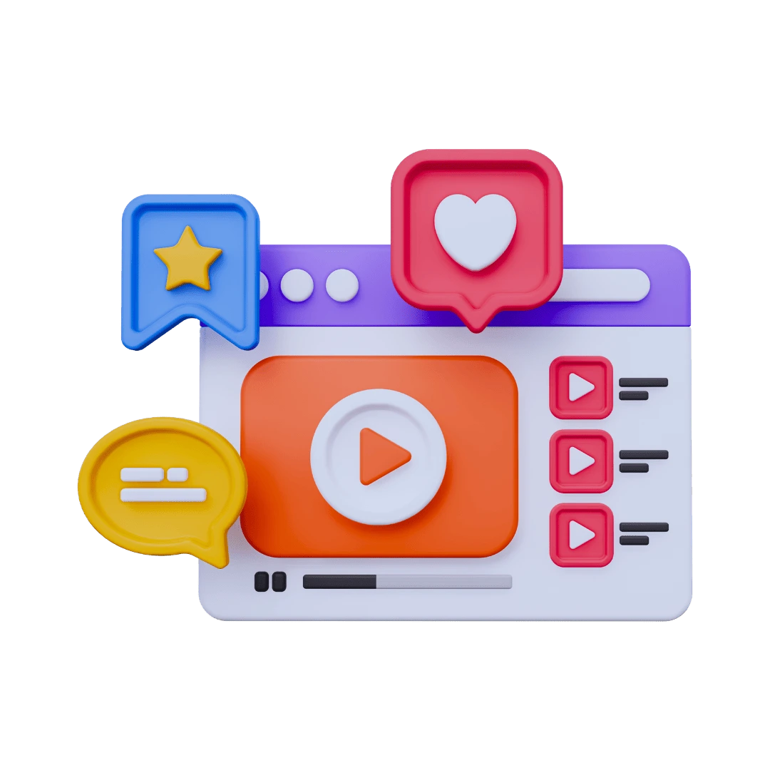 Une icône 3D représentant une interface de site de médias sociaux avec des symboles de vidéo, de "like" et de commentaires, illustrant les fonctionnalités des réseaux sociaux et la communication en ligne.