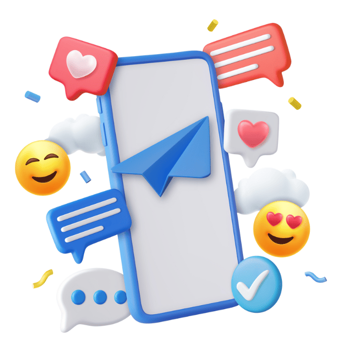Une illustration 3D d'un smartphone avec une icône de message en forme d'avion en papier, entouré de bulles de conversation, d'emojis et de cœurs, symbolisant la communication et l'engagement avec les clients sur les réseaux sociaux pour collecter des avis.