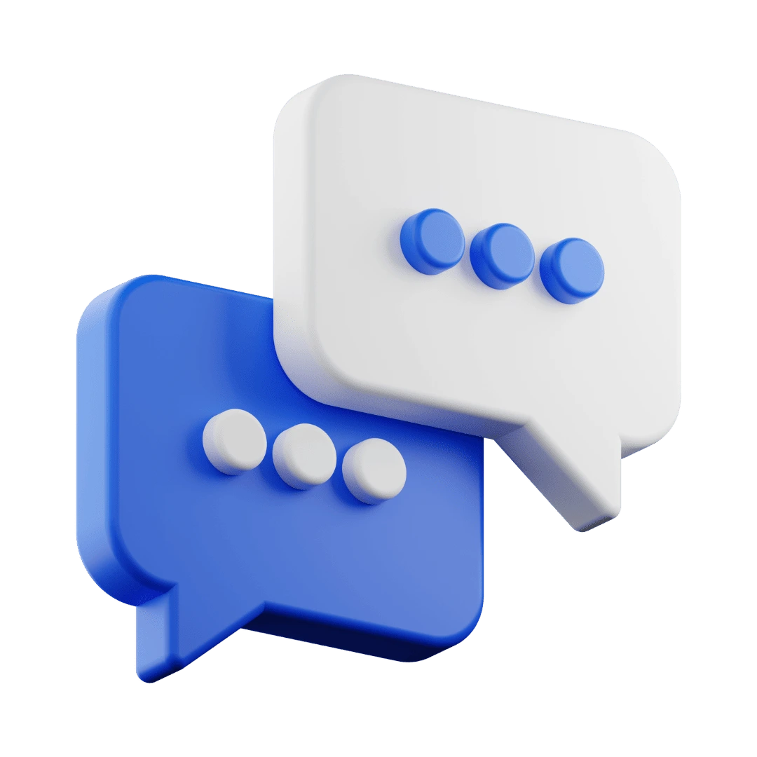 Une icône en 3D représentant deux bulles de dialogue, une bleue et une blanche, qui se superposent, symbolisant la conversation, l'interaction et la construction d'un discours sur les réseaux sociaux.