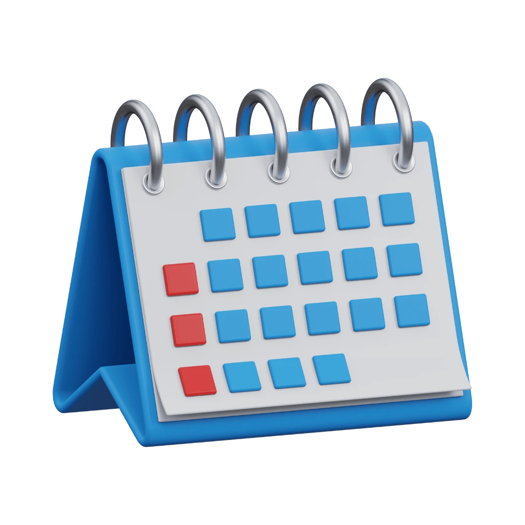 Une icône de calendrier de bureau en 3D, avec des cases de jours rouges et bleues, symbolisant la planification et l'organisation du contenu, un aspect essentiel de la communication sur les réseaux sociaux - Digitandco.