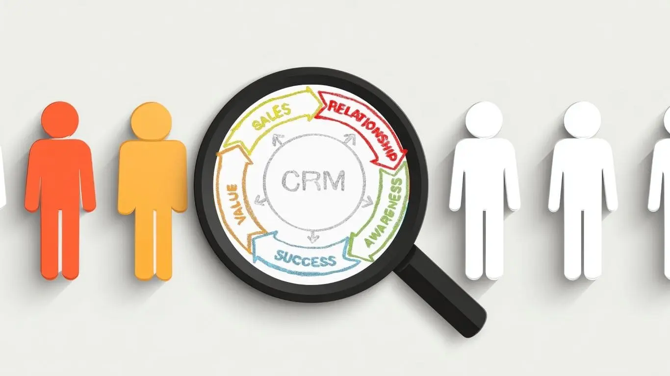 Un graphique illustrant le cycle du CRM sous une loupe (Relationship, Awareness, Success, Value, Sales), au milieu d'une ligne de silhouettes de clients, symbolisant l'analyse et l'optimisation de la relation client.