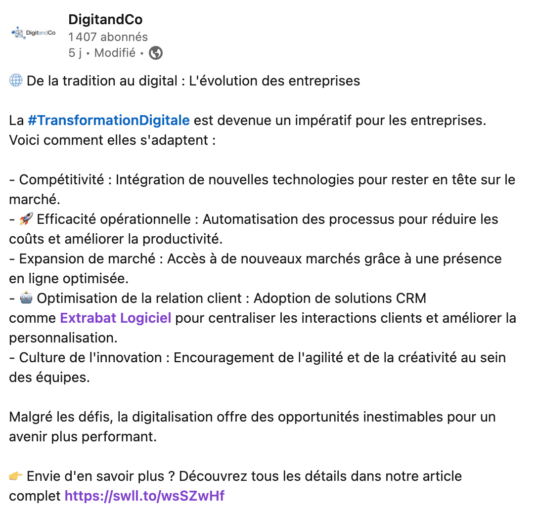 Capture d'écran d'une publication de la page LinkedIn DigitandCo sur la transformation digitale, incluant le hashtag #TransformationDigitale, illustrant l'utilisation des hashtags pour booster la visibilité.