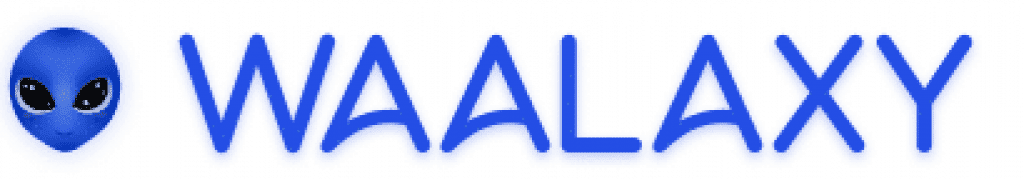 Le logo de Waalaxy, un alien bleu avec de grands yeux, suivi du nom de la marque, symbolisant un outil de prospection et de marketing multicanal sur LinkedIn.