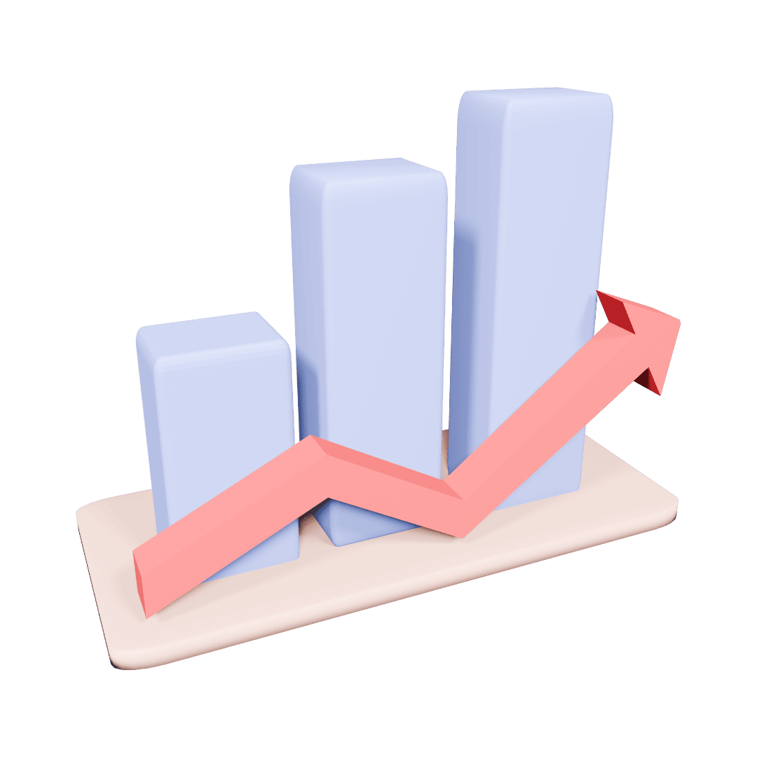 Une icône 3D représentant un graphique à barres avec une flèche montante, symbolisant la croissance des performances et la mesure du retour sur investissement (ROI) en marketing digital.