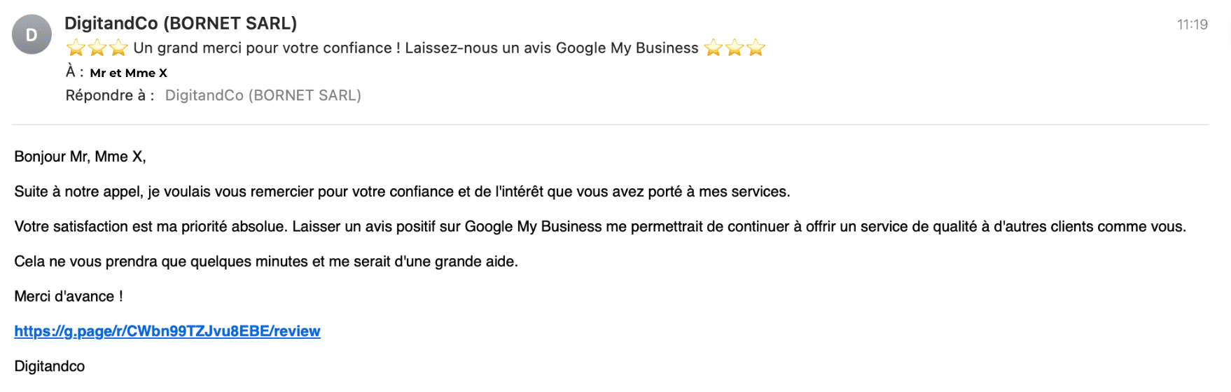 Une capture d'écran d'un exemple de courriel de l'entreprise DigitandCo demandant un avis client sur Google My Business, avec une phrase de remerciement et un lien direct pour laisser un avis.