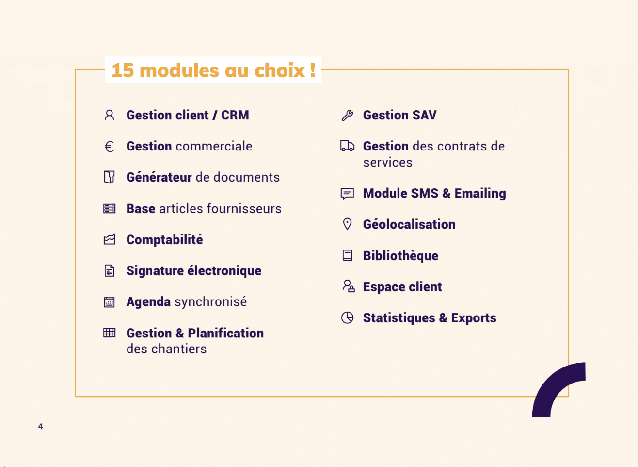 Une liste des 15 modules au choix du logiciel Extrabat, incluant la gestion client (CRM), la gestion commerciale, la planification des chantiers et la gestion SAV, illustrant les fonctionnalités clés pour le secteur du chauffage.
