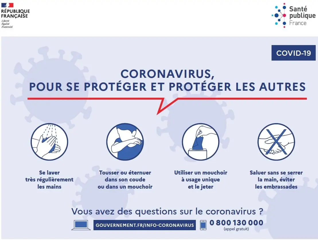 Une affiche de sensibilisation aux gestes barrières contre le COVID-19, montrant des illustrations pour se laver les mains, tousser dans le coude et éviter les contacts physiques.