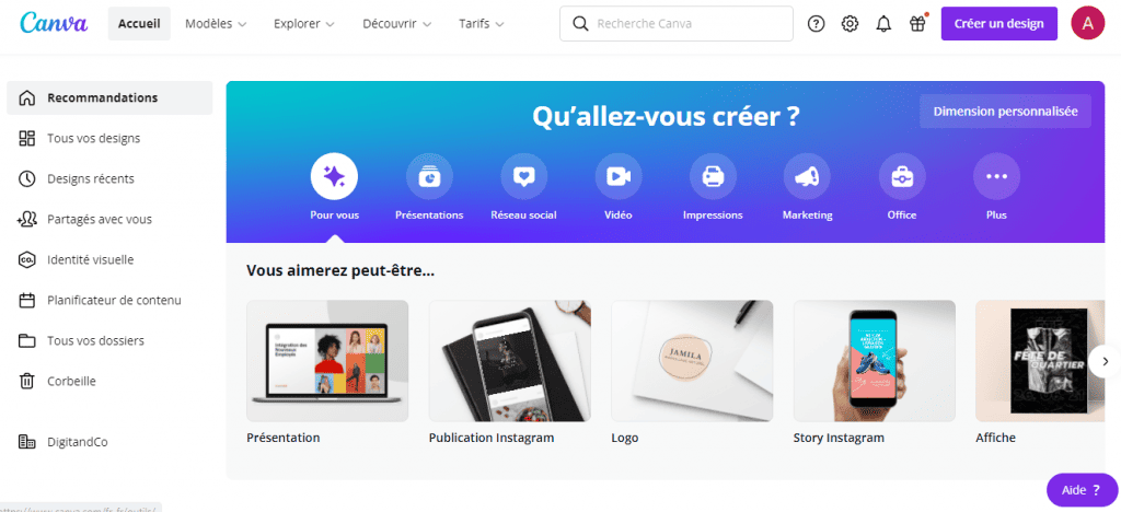 Capture d'écran de l'interface d'accueil de Canva, montrant les différentes options de création de visuels (Présentations, Réseaux sociaux, Vidéo) et des modèles de design, illustrant la simplicité et la polyvalence de l'outil.