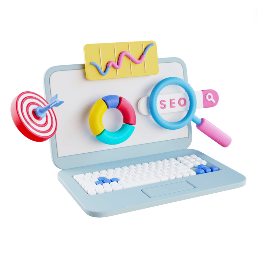 Illustration 3D d’un ordinateur portable avec des icônes de statistiques, SEO et cible, représentant une campagne de trafic pour générer des visites qualifiées.