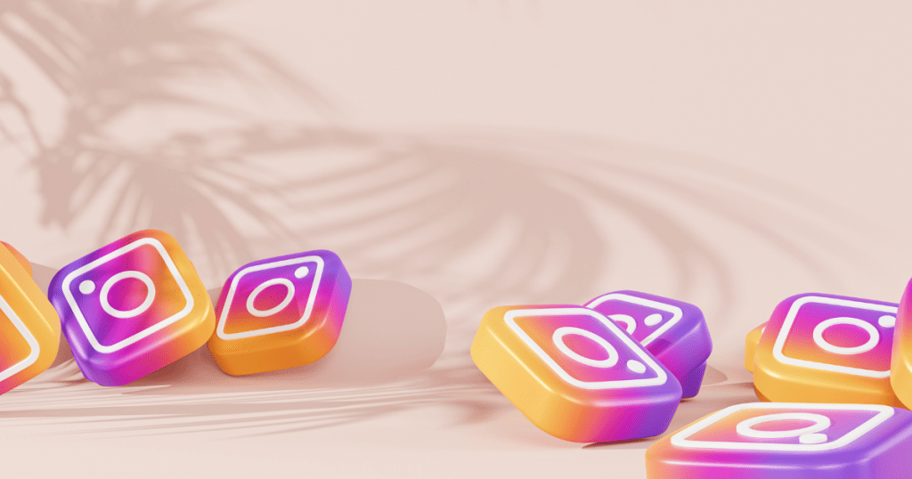 Icônes 3D Instagram en dégradé rose, orange et violet sur fond clair