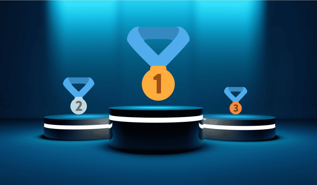 Podium lumineux avec des médailles d’or, d’argent et de bronze, représentant les récompenses d’un jeu-concours marketing.
