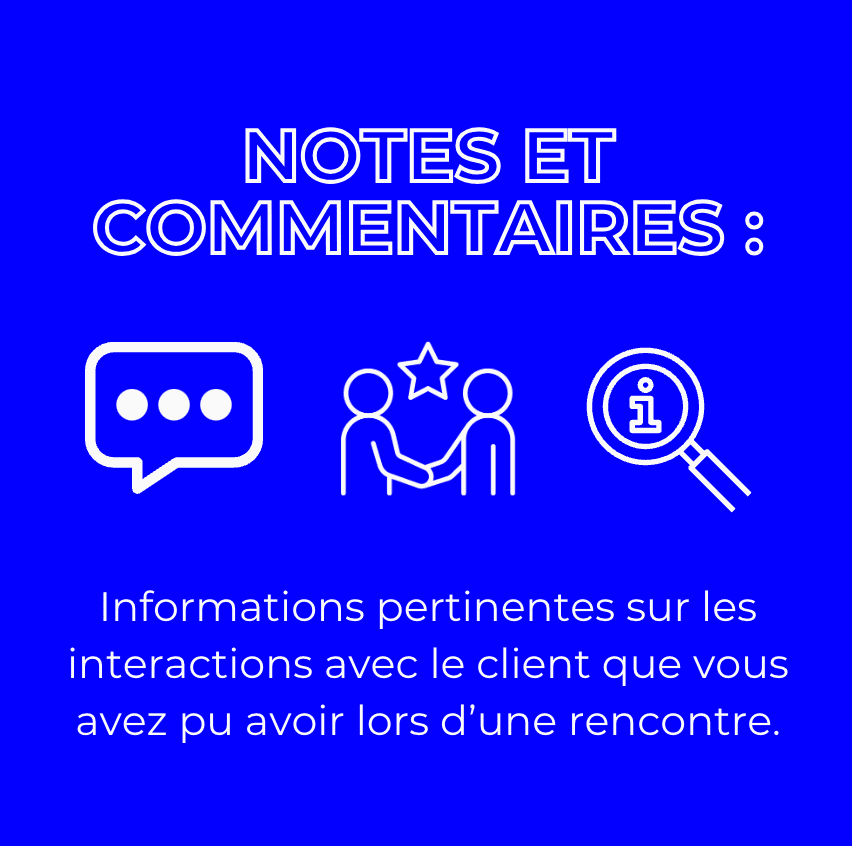Un graphique avec des icônes de bulles de dialogue, de rencontre client et de loupe, illustrant l'enregistrement des notes, commentaires et informations pertinentes sur les interactions client dans le CRM.