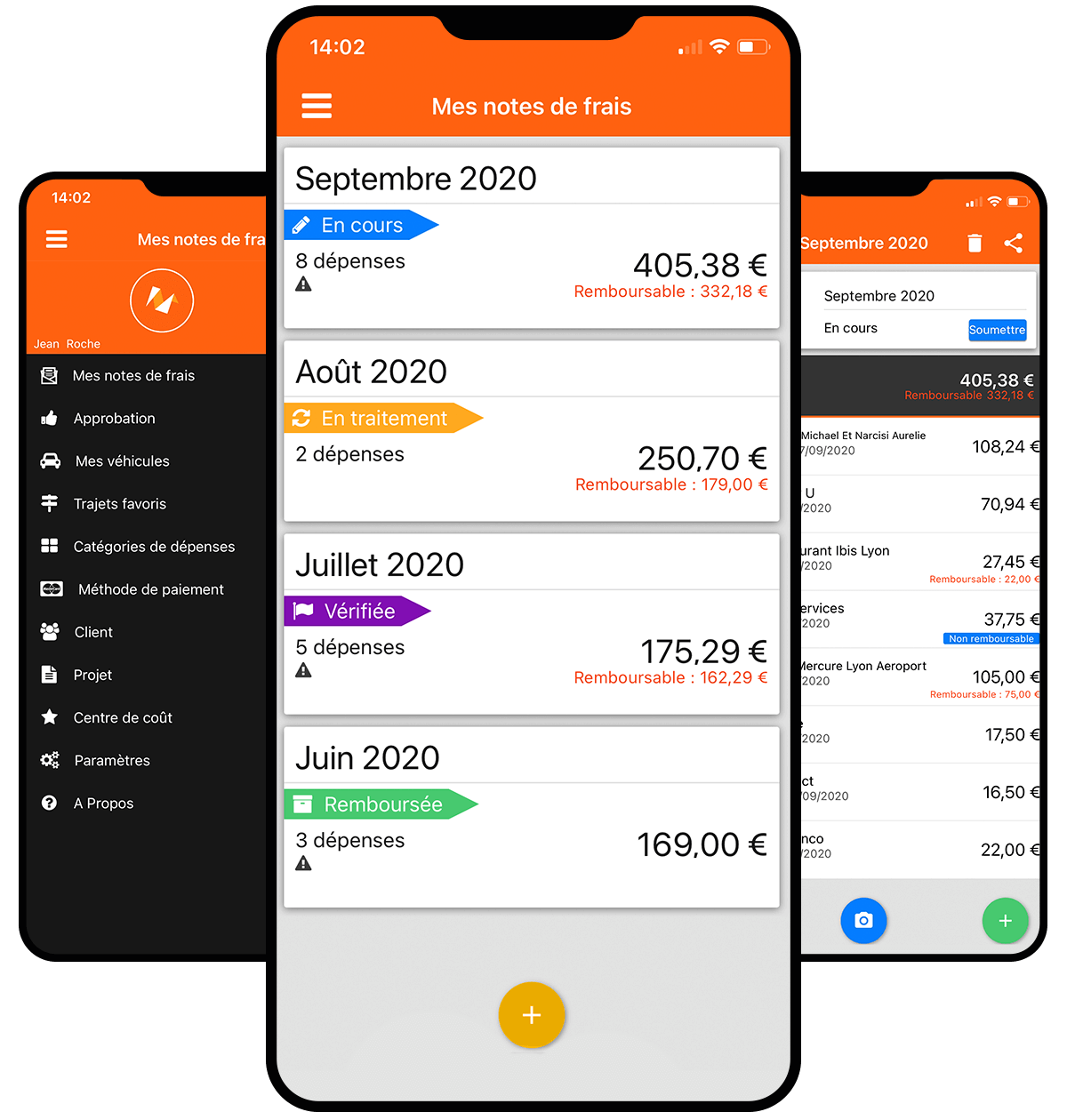 Capture d'écran de l'application mobile N2F montrant le tableau de bord des notes de frais, avec le statut de chaque mois (en cours, remboursée, vérifiée) et le montant total des dépenses, illustrant la gestion et le suivi en temps réel.