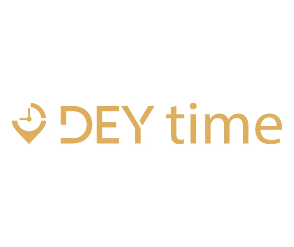 Le logo du logiciel DEYtime, affichant le nom en couleur or et un icône combinant une horloge et un marqueur de localisation, symbolisant la gestion du temps et des activités en mobilité.