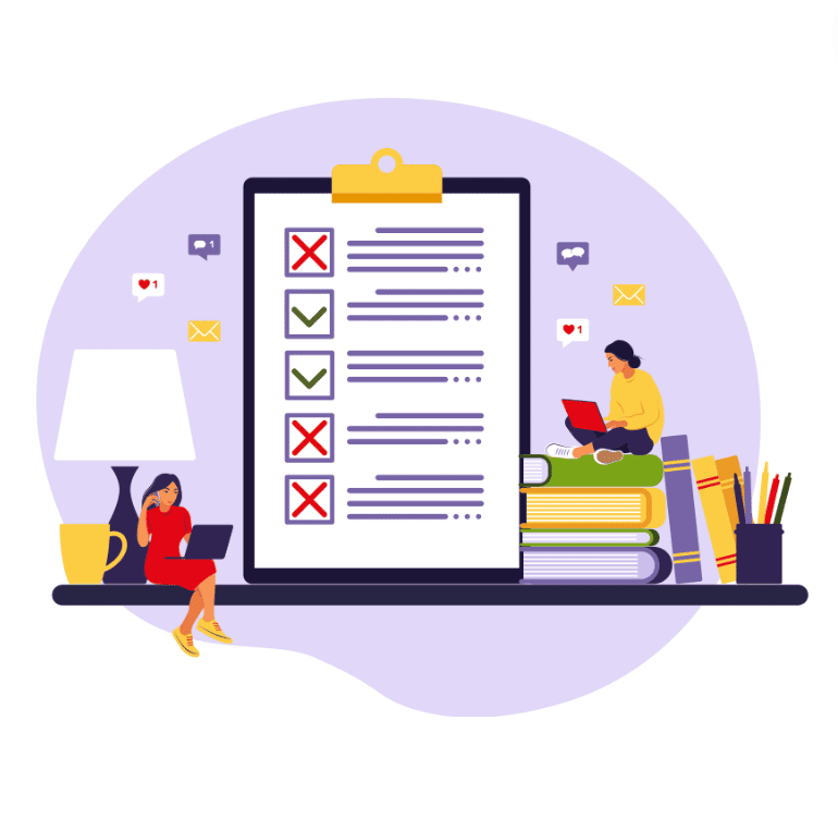 Une illustration montrant deux personnes travaillant sur des ordinateurs portables, autour d'un grand presse-papiers avec une liste de vérification et des croix (X) et des coches (✓), symbolisant l'établissement et l'analyse d'un questionnaire de satisfaction client.