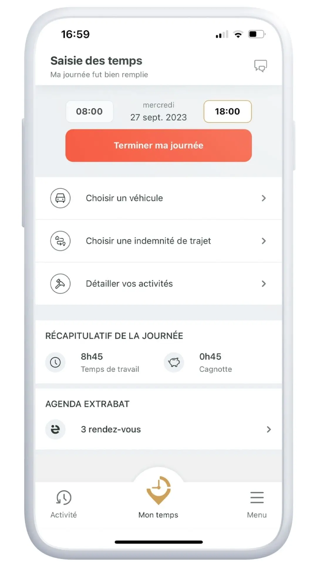 Capture d'écran de l'application mobile de saisie des temps de travail, affichant les heures de début et fin, le récapitulatif (temps de travail, cagnotte) et l'agenda Extrabat. L'interface illustre la simplicité de la saisie des heures en mobilité.