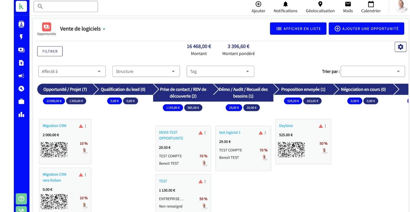 Exemple de vue tableau Kanban des opportuniétes commerciales