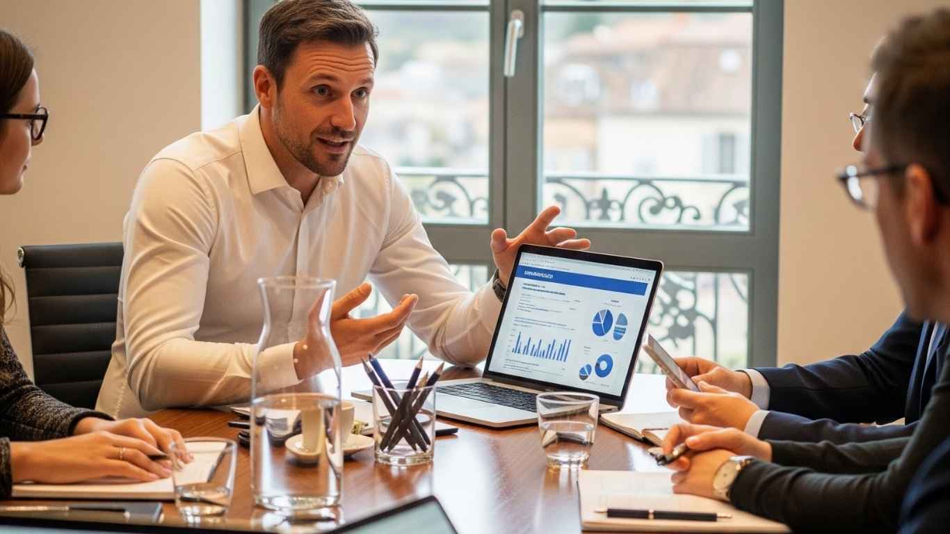 reunion-suivi-reporting-tpe-pme Dirigeant de PME en Auvergne-Rhône-Alpes animant une réunion de suivi à partir de rapports digitaux