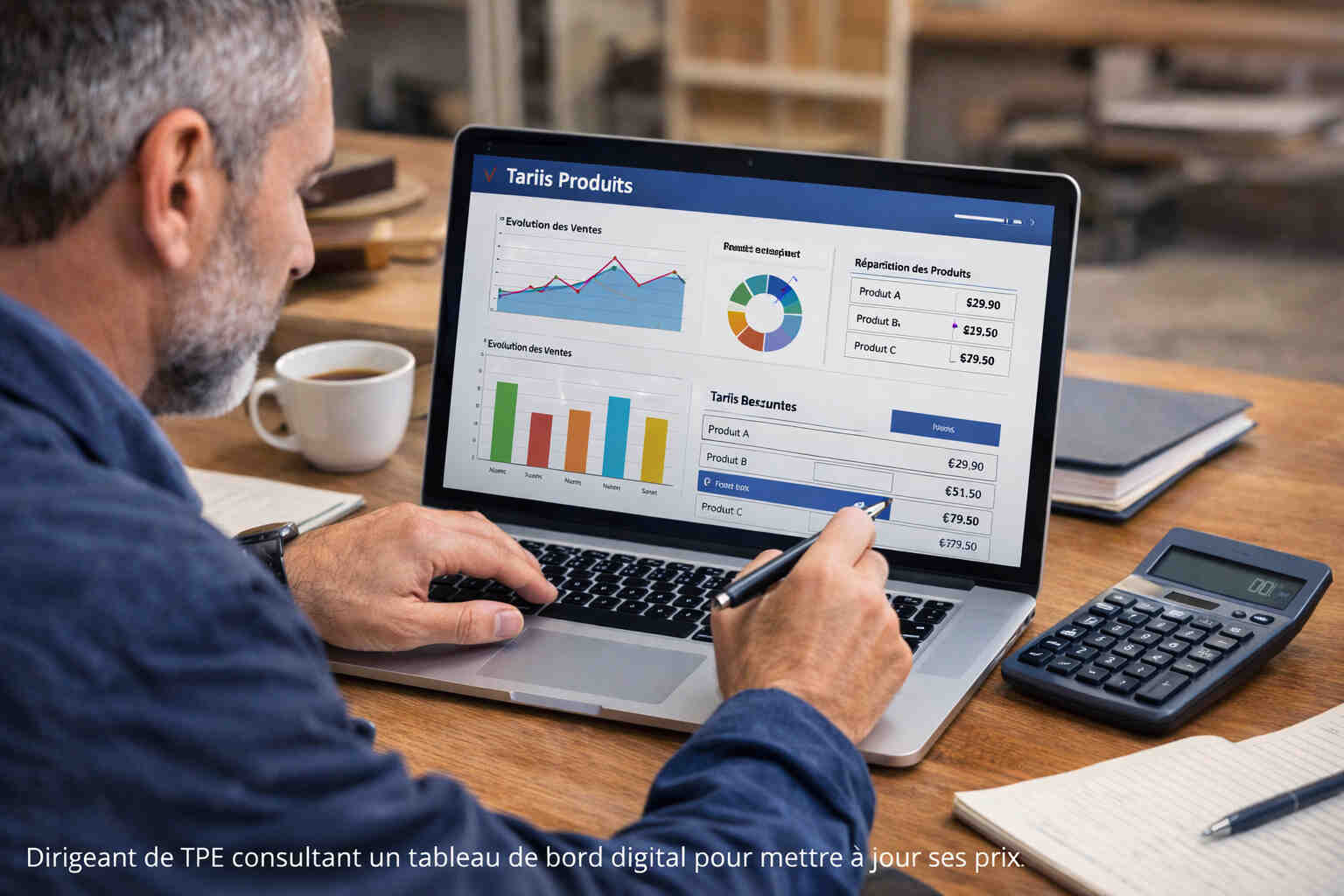 mise-a-jour-prix-tpe-pme-tableau-de-bord Dirigeant de TPE consultant un tableau de bord digital pour mettre à jour ses prix